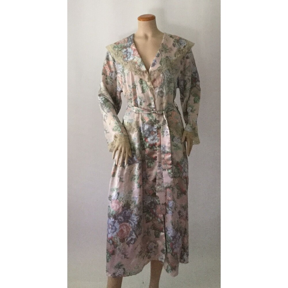 VICTORIA'S SECRET Long Length Floral Satin Lace Trim Robe (Size M)